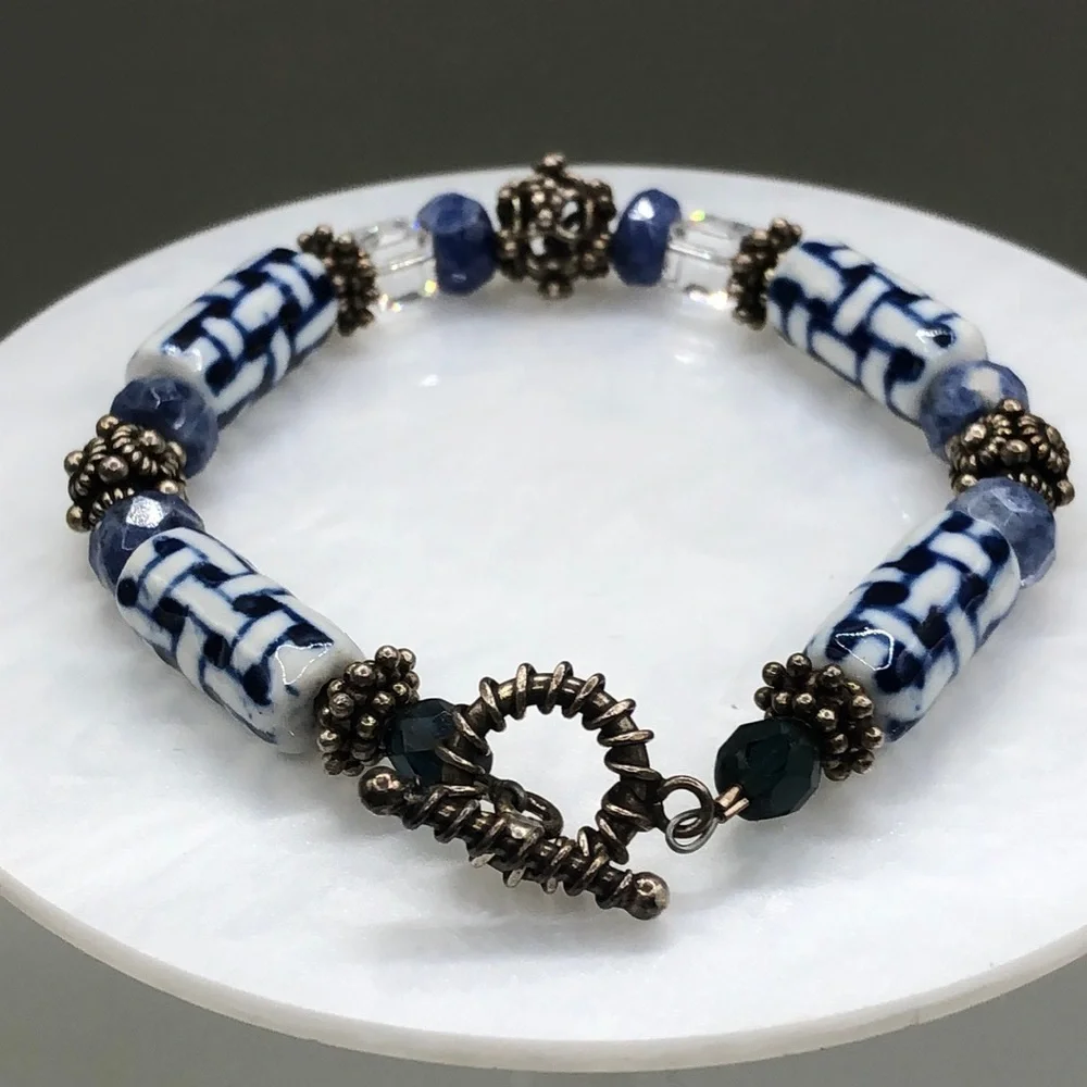 𝅺Vintage artisan handmade ceramic bead sterling silver bracelet boho free spirit